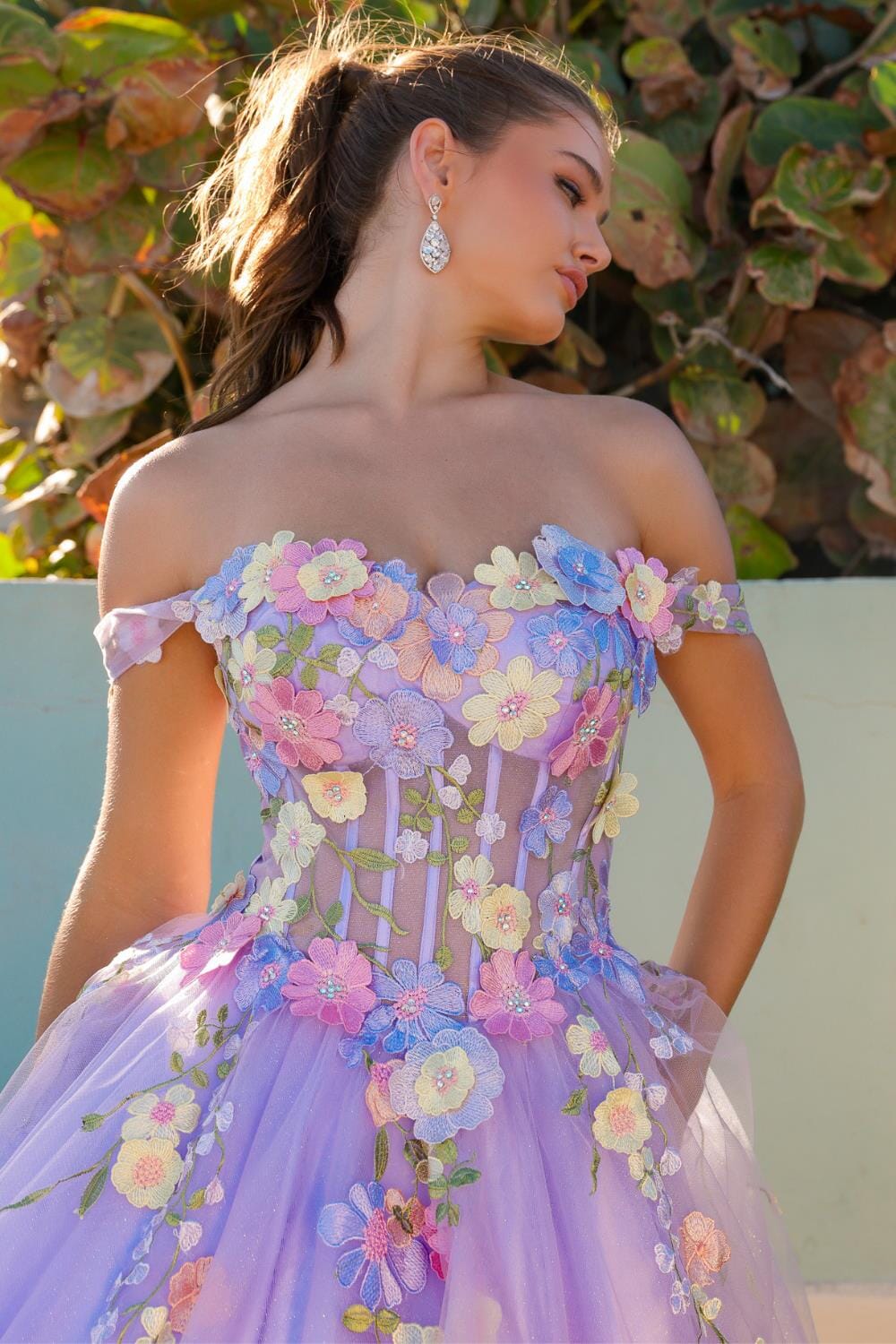A-line off shoulder transparent corset with three-dimensional floral chiffon dress