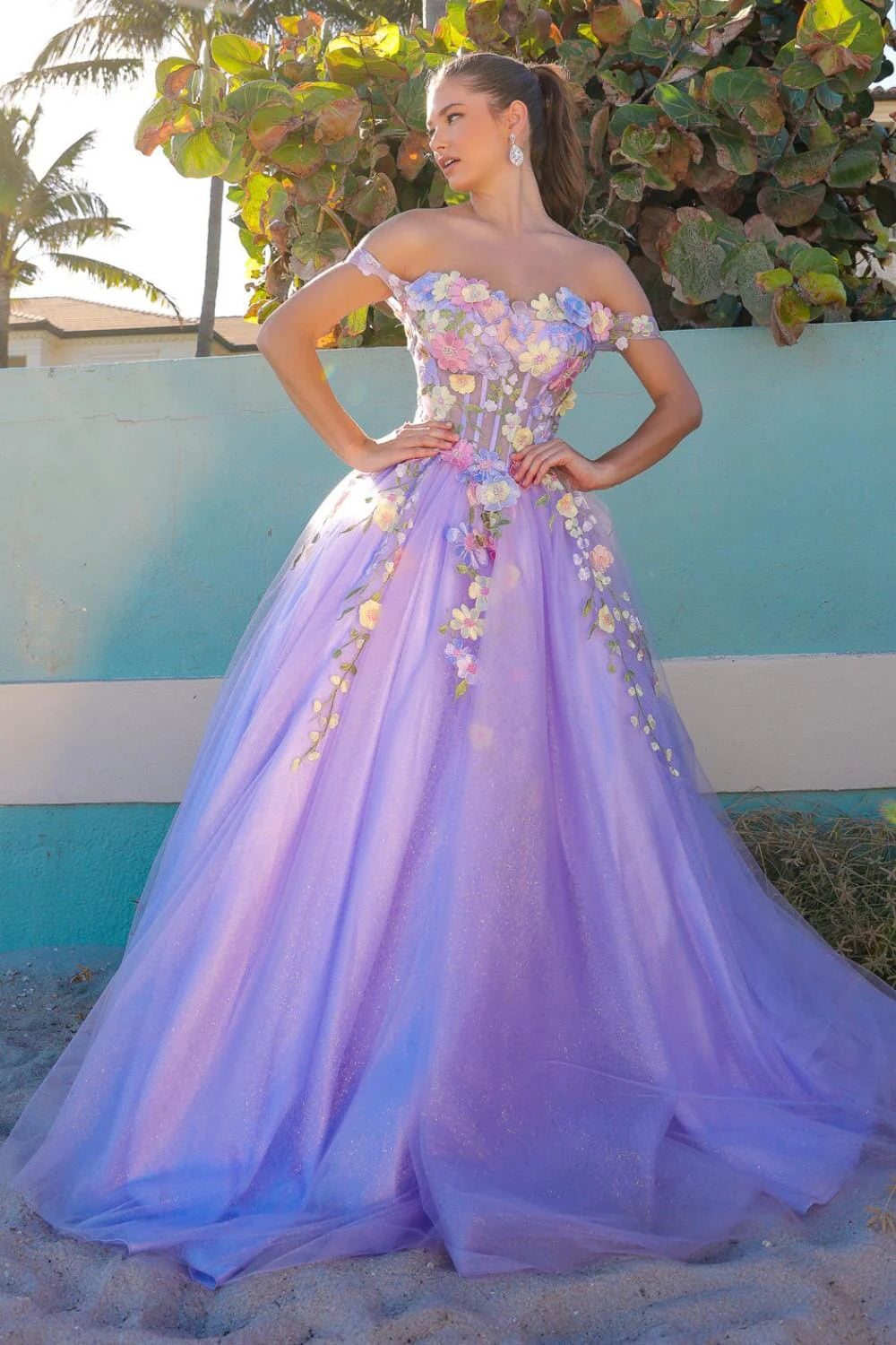 A-line off shoulder transparent corset with three-dimensional floral chiffon dress