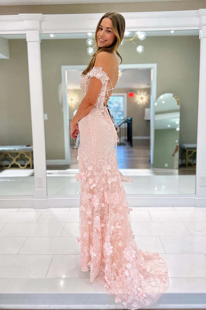 Deep V transparent tight fishbone corset with 3D flowers side slit ballroom dress