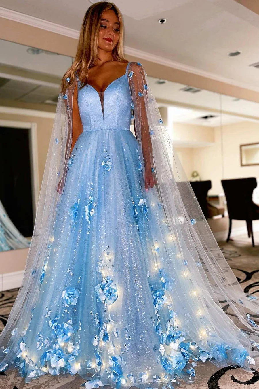 3D floral lace A-line ball gown with open sleeves