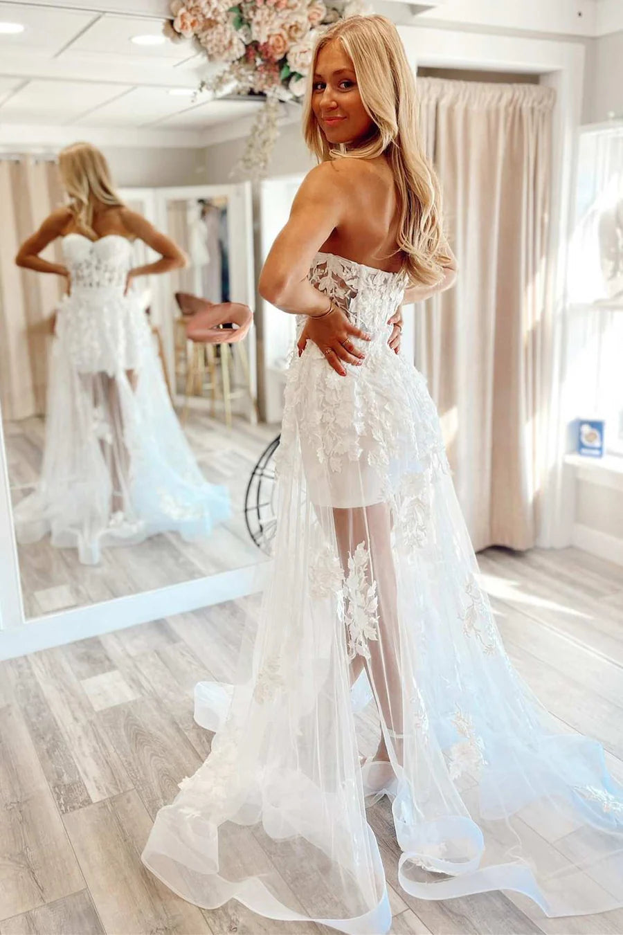 Transparent mesh 3D floral lace strapless A-line ball dress