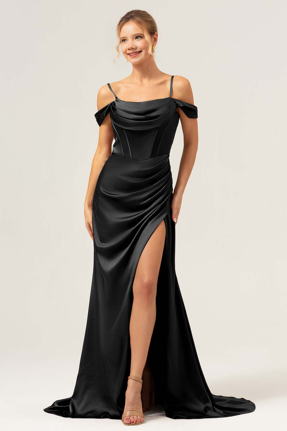 Mermaid cold shoulder pleated long satin bridesmaid dress with slit
