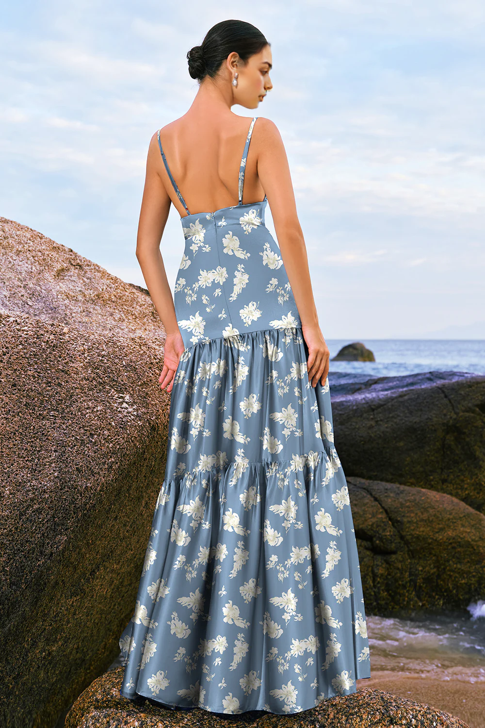 Floral skirt A-line thin shoulder strap satin long bridesmaid dress