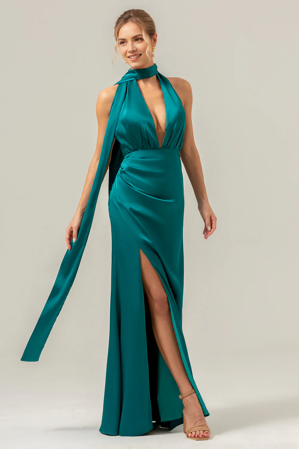 Deep V-neck backless satin bridesmaid dress with scarf