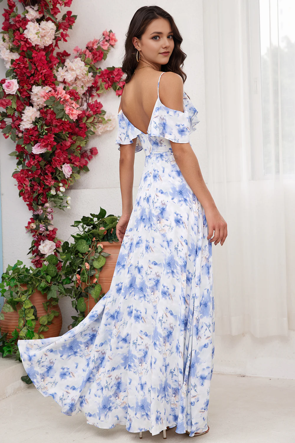 White Purple Flower A Line Cold Shoulder Chiffon Long Bridesmaid Dress