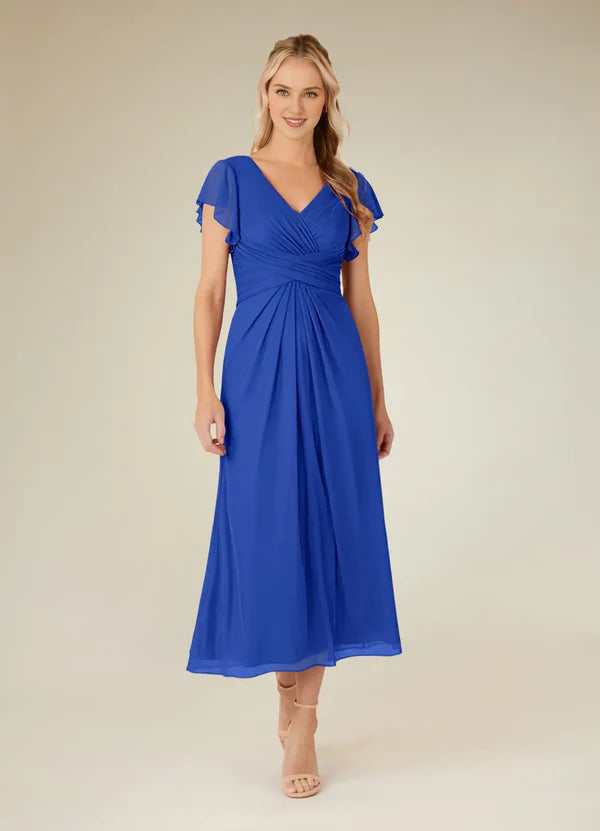 Eucalyptus tree A-line V-neck pleated mesh tea long mother of bride dress