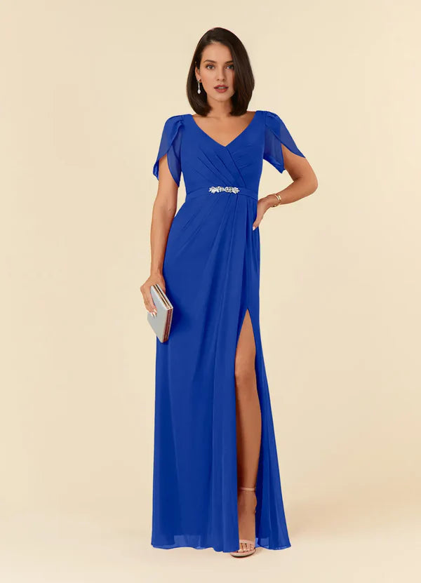 Tight V-neck pleated chiffon mother of the bride dress
