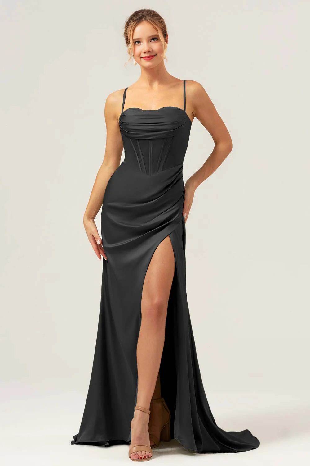 Collar pleated satin bridesmaid dress with slit