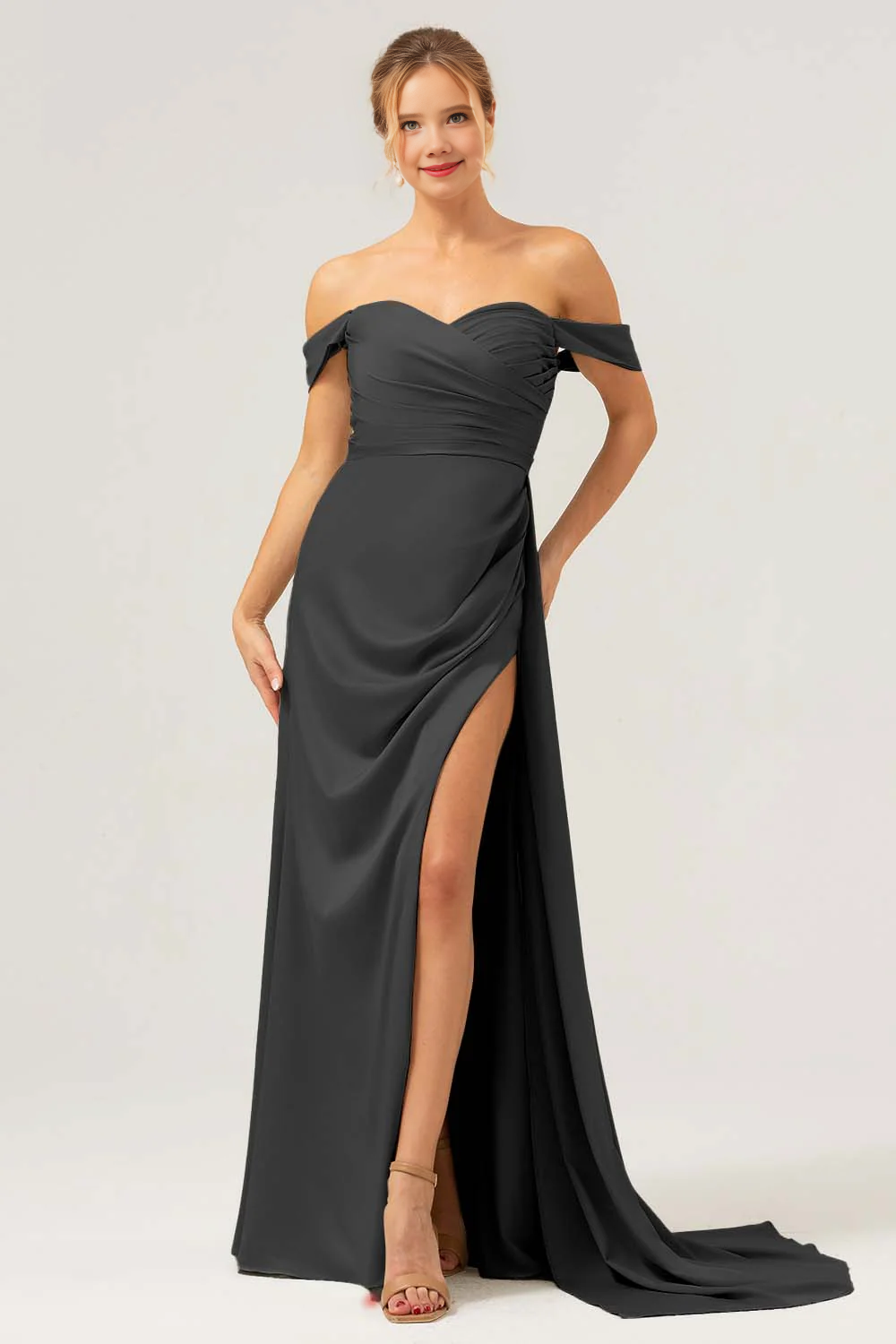 Fashionable mermaid off shoulder pleated satin long bridesmaid dress with slit