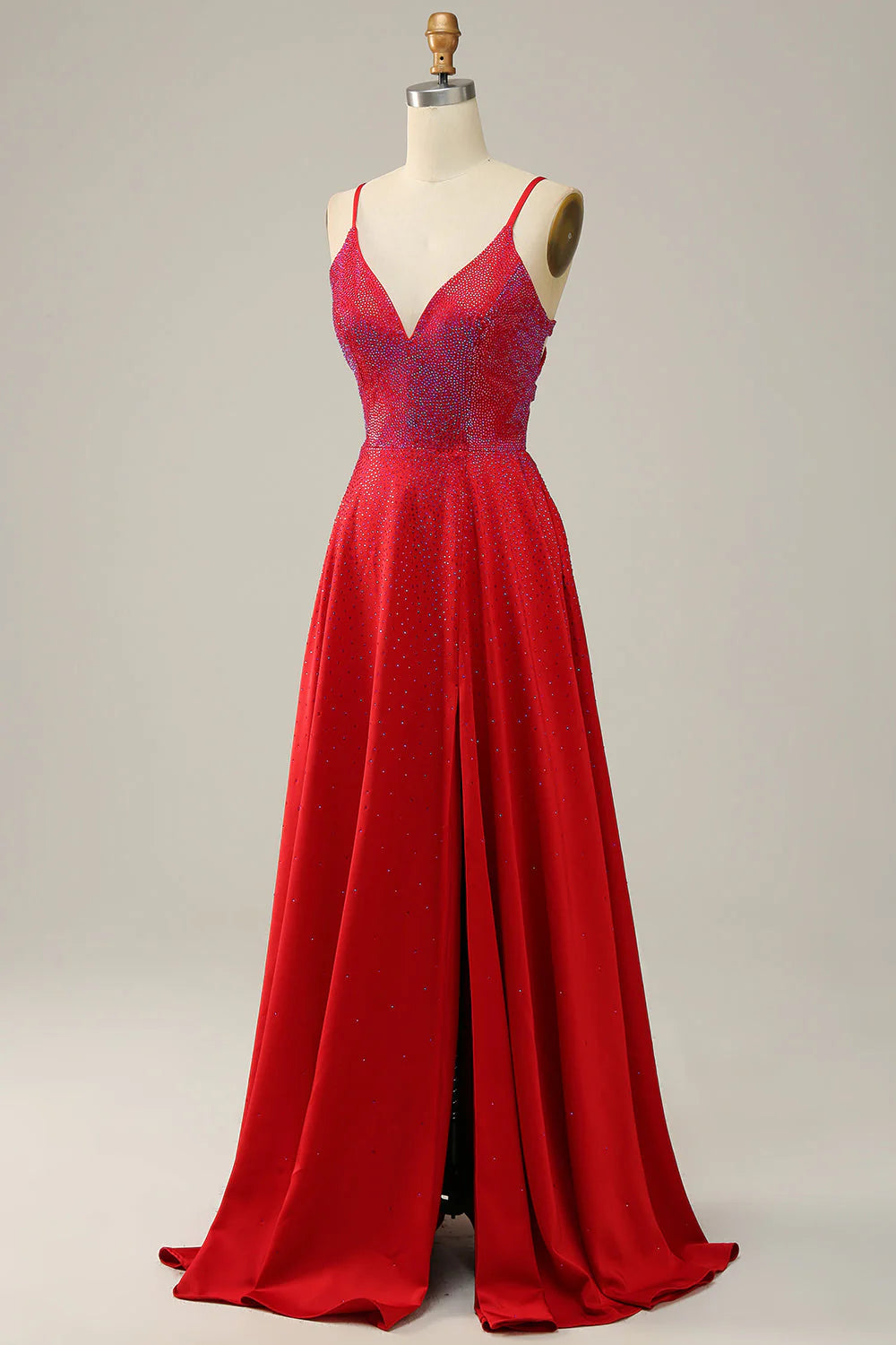 A-line deep V-thin suspender red bead long ball gown