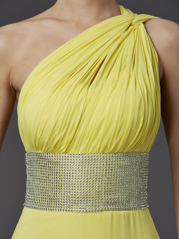 A-shaped chiffon single shoulder sleeveless floor length dress