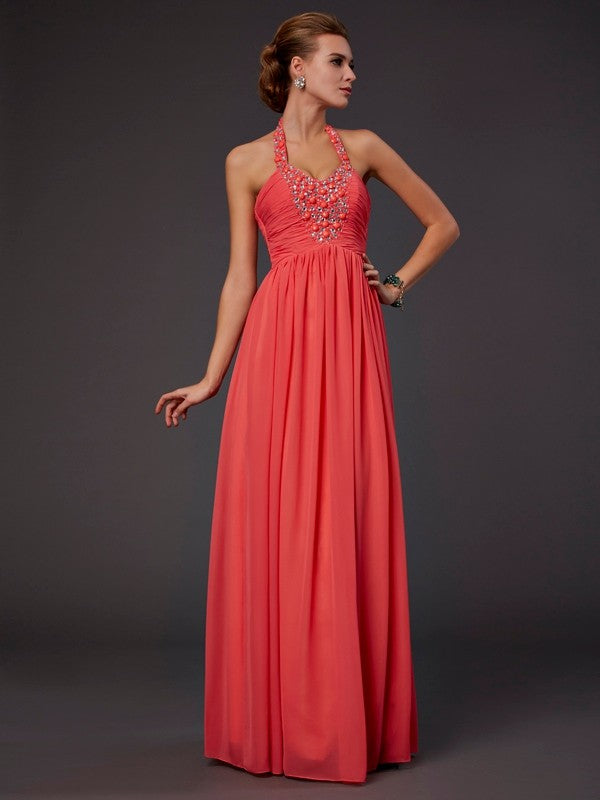 A-line chiffon camisole sleeveless floor length dress with bead embellishments