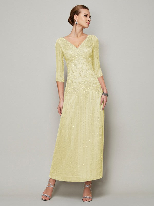 Sheath 30D Chiffon V-neck 1/2 Sleeves Ankle-Length With Beading Mother of the Bride Dresses