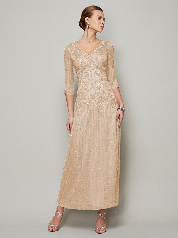 Sheath 30D Chiffon V-neck 1/2 Sleeves Ankle-Length With Beading Mother of the Bride Dresses
