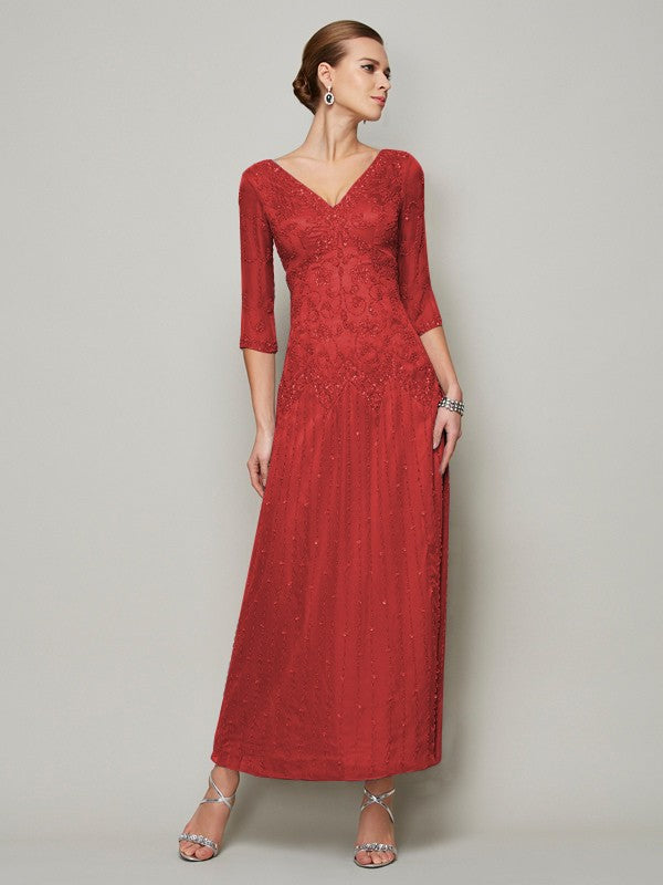 Sheath 30D Chiffon V-neck 1/2 Sleeves Ankle-Length With Beading Mother of the Bride Dresses