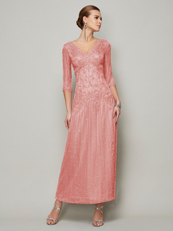 Sheath 30D Chiffon V-neck 1/2 Sleeves Ankle-Length With Beading Mother of the Bride Dresses