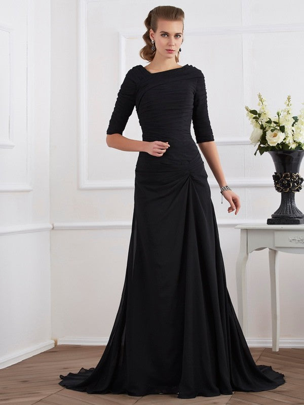 A-Line Chiffon Scoop 1/2 Sleeves Sweep/Brush Train With Pleats Mother of the Bride Dresses