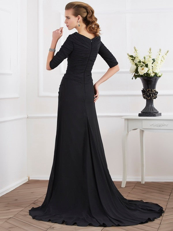 A-Line Chiffon Scoop 1/2 Sleeves Sweep/Brush Train With Pleats Mother of the Bride Dresses