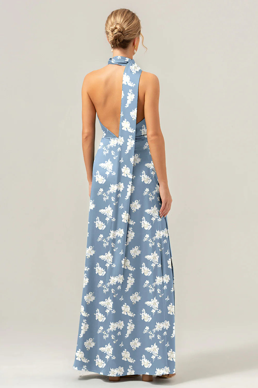 Flower sheath deep V-neck backless satin bridesmaid dress