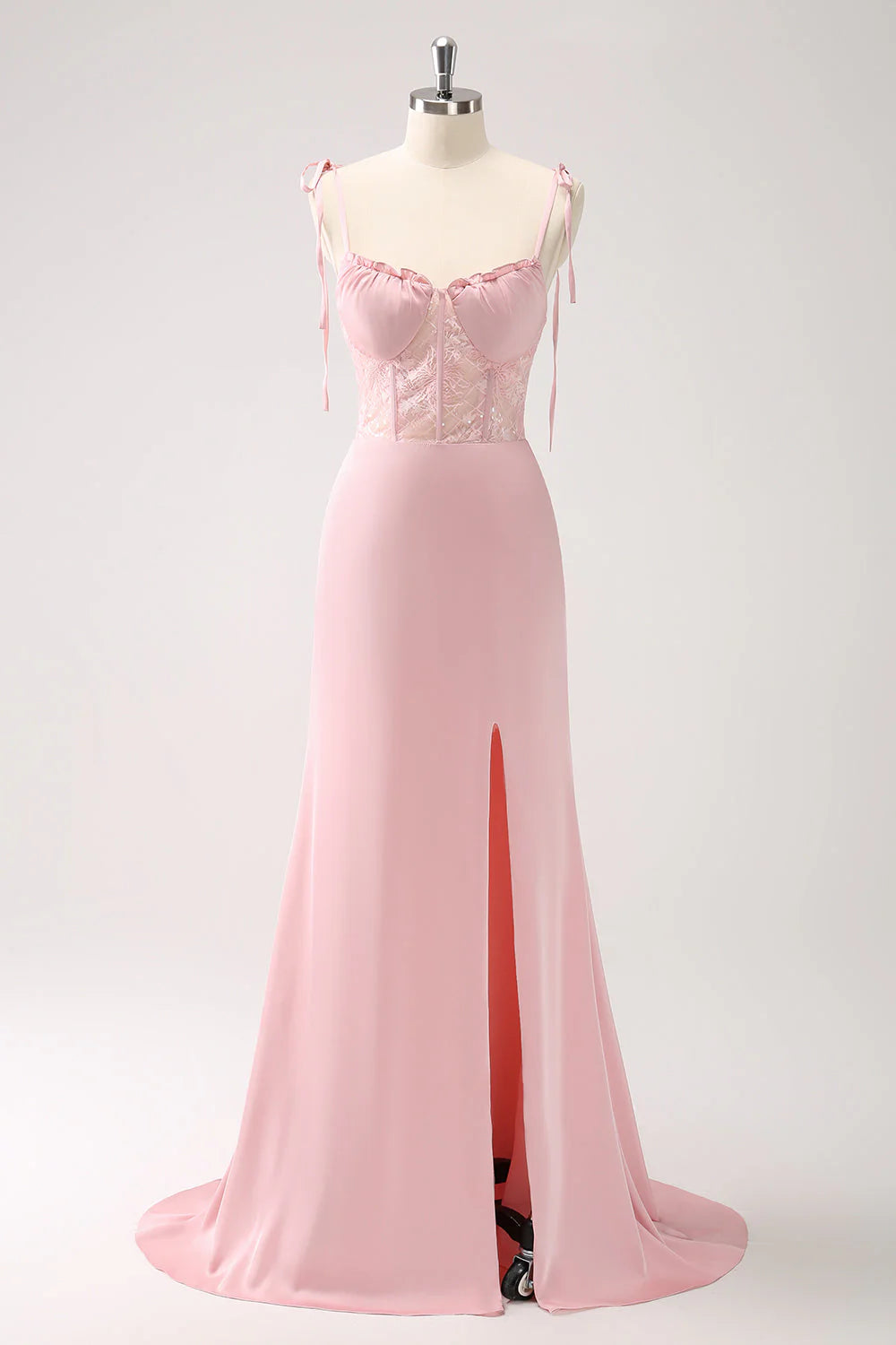 Pink mermaid satin tight corset long bridesmaid dress with slit