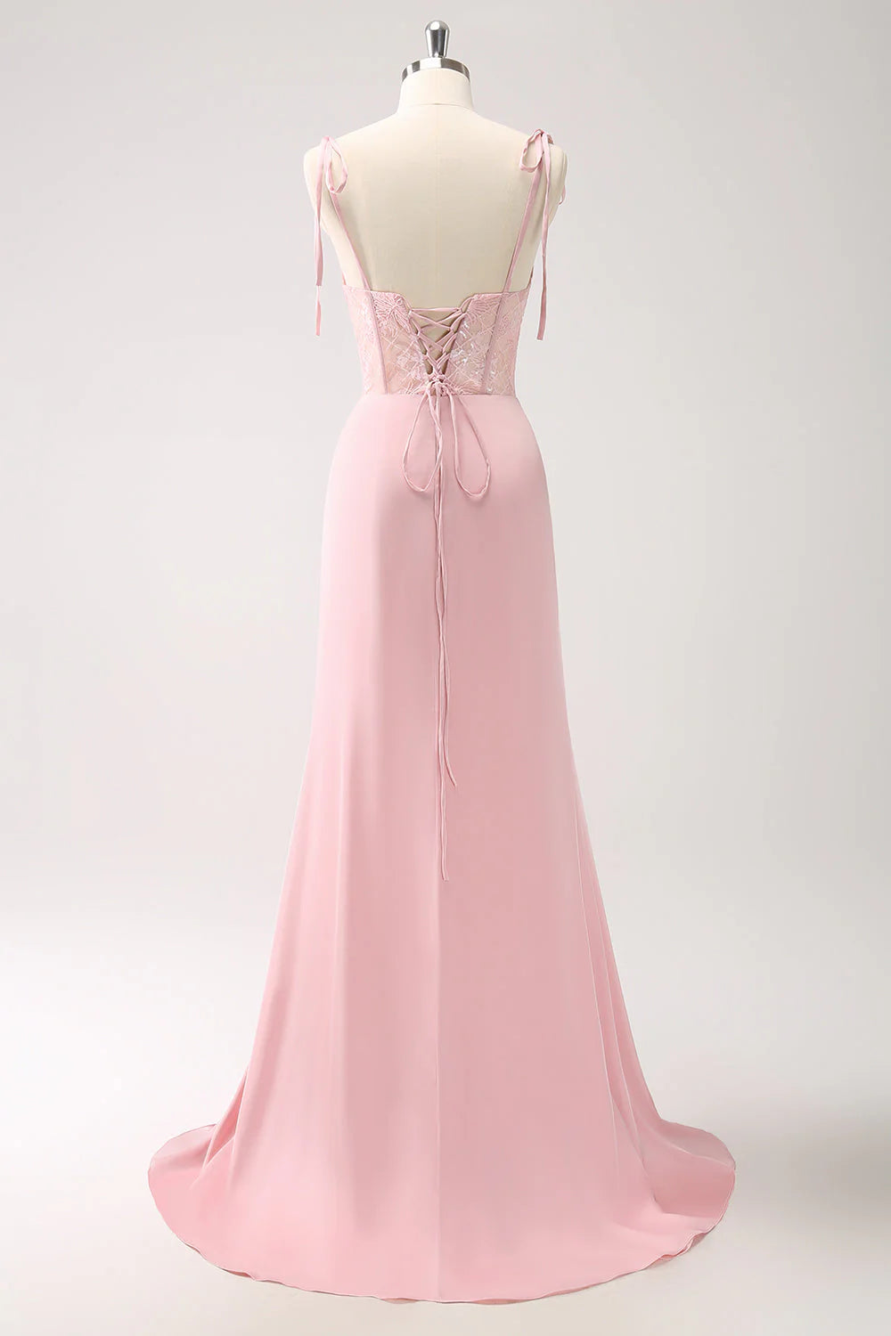 Pink mermaid satin tight corset long bridesmaid dress with slit