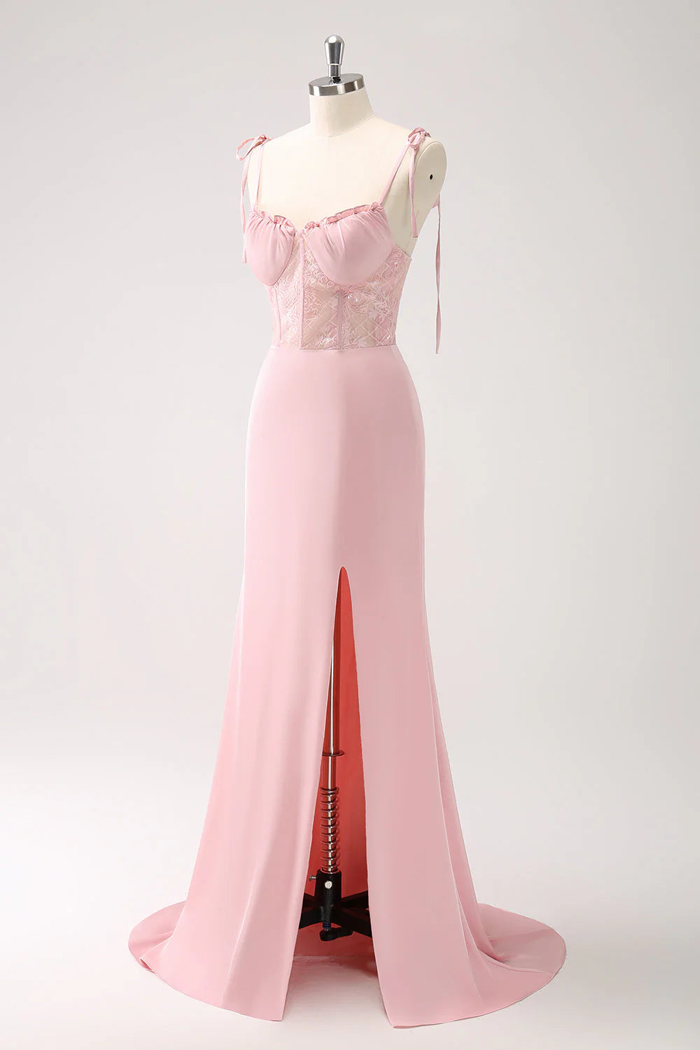 Pink mermaid satin tight corset long bridesmaid dress with slit