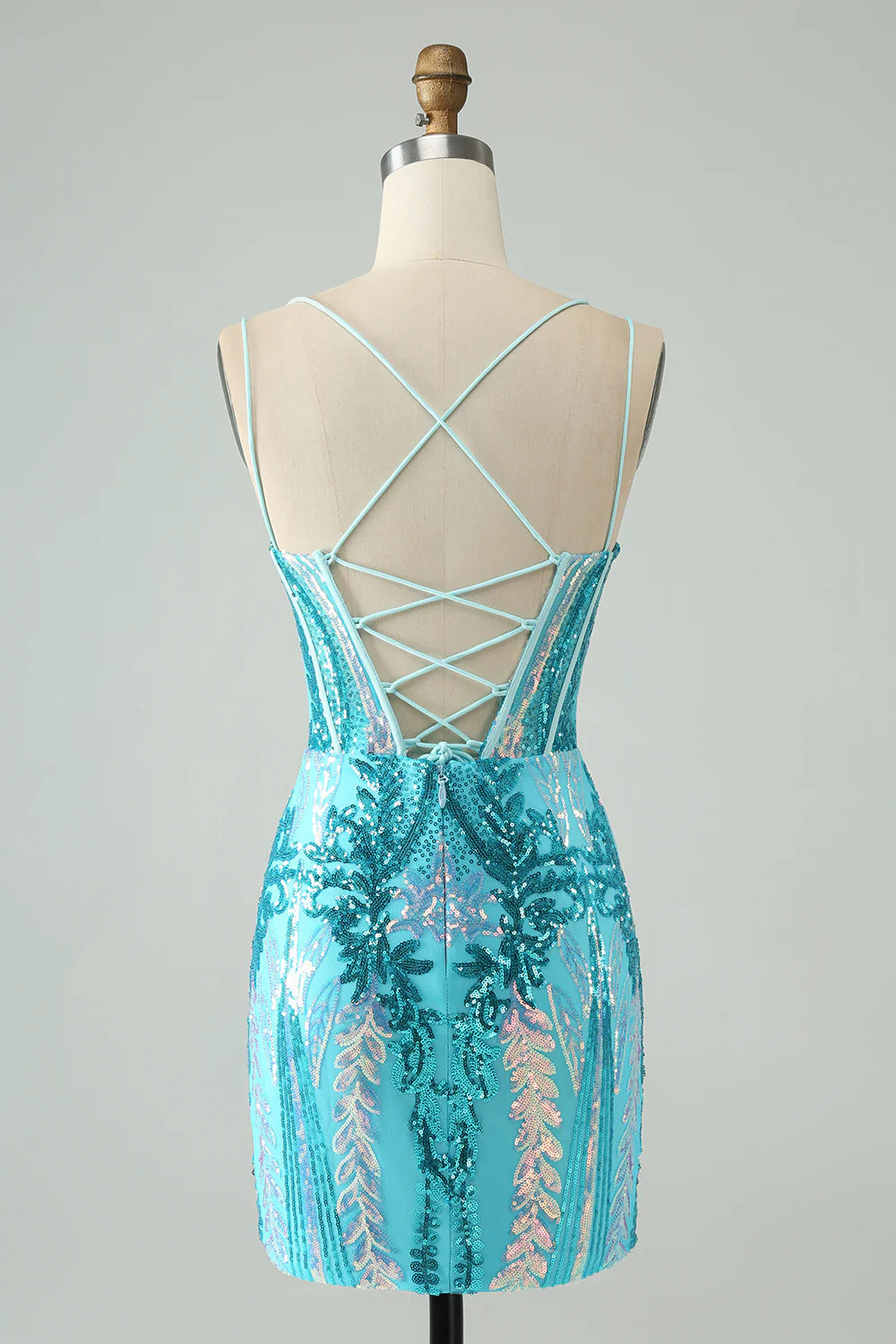 Gorgeous blue tight camisole tied corset back to school dress with sequins