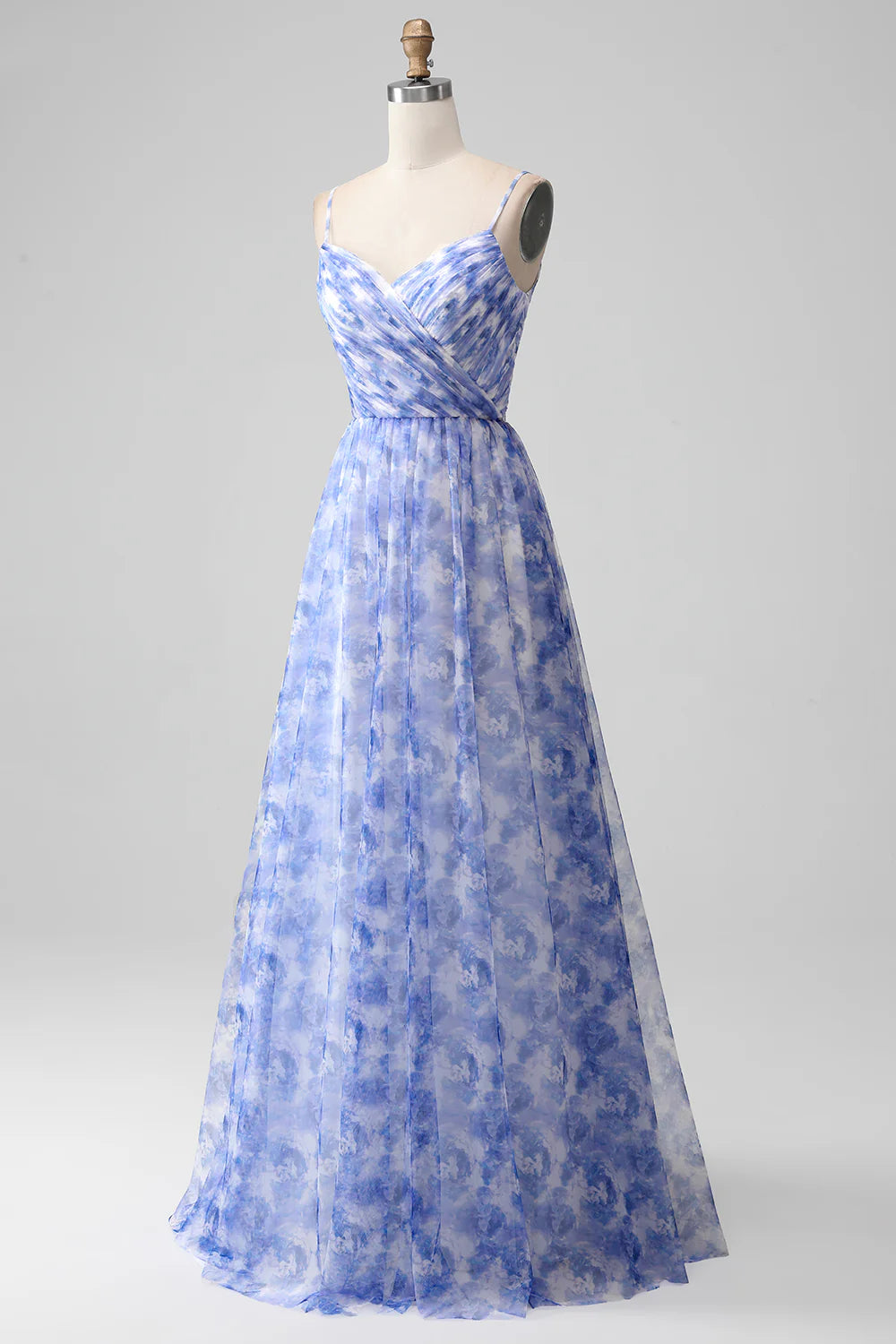 Blue A-line backless strap printed pleated long skirt