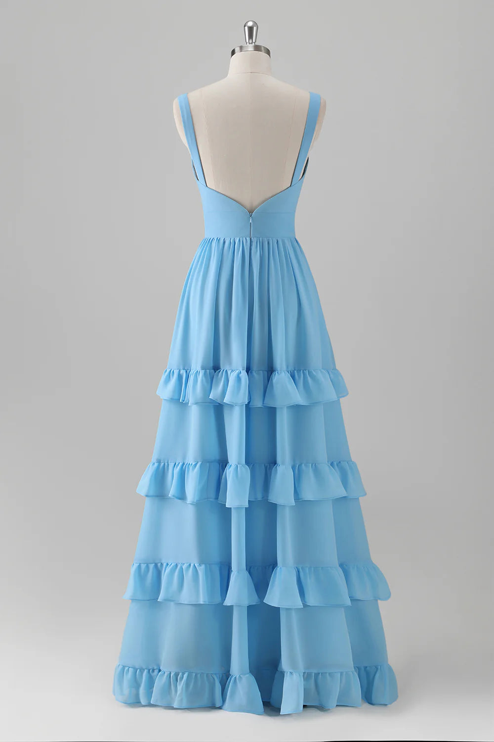 Blue A Line V Neck Open Back Chiffon Tiered Long Bridesmaid Dress