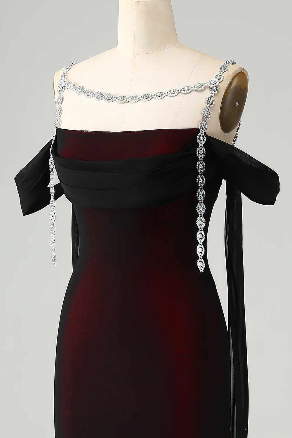 Black Red Sheath Cowl Neck Long Bridesmaid Dress with Rhinestones