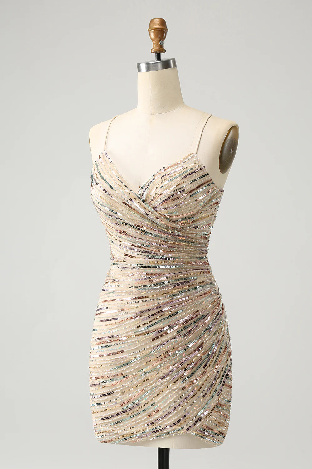Thin shoulder strap V-neck strap lace up back short champagne back to school dress with sequins