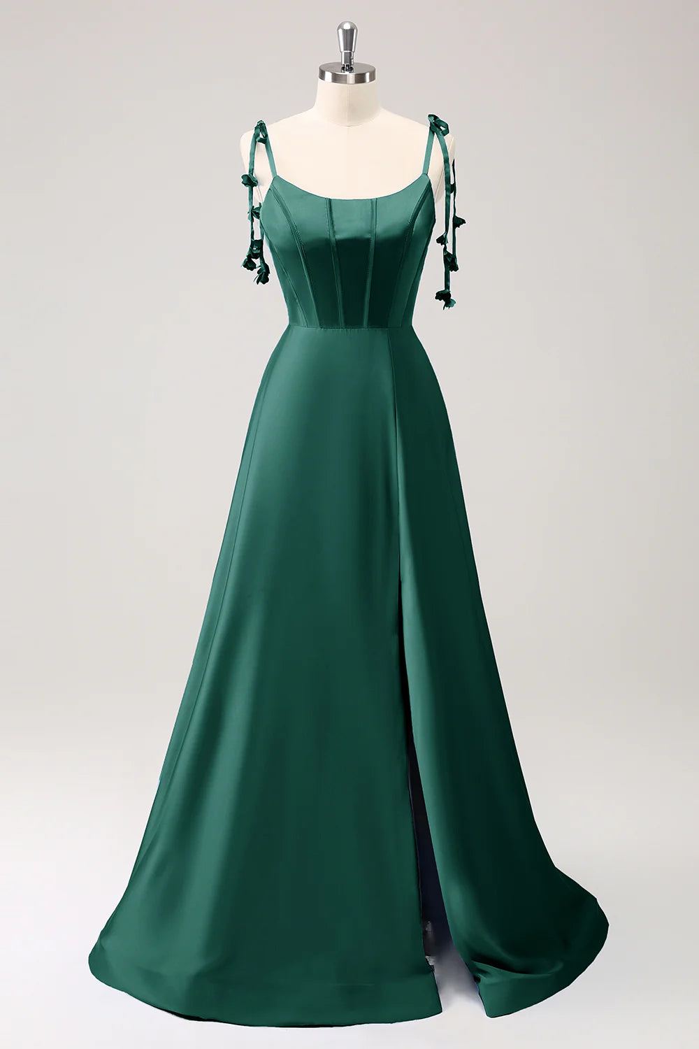 A-line thin shoulder strap tied back long bridesmaid dress with slit