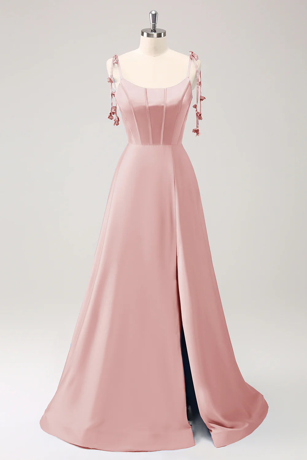 A-line thin shoulder strap tied back long bridesmaid dress with slit