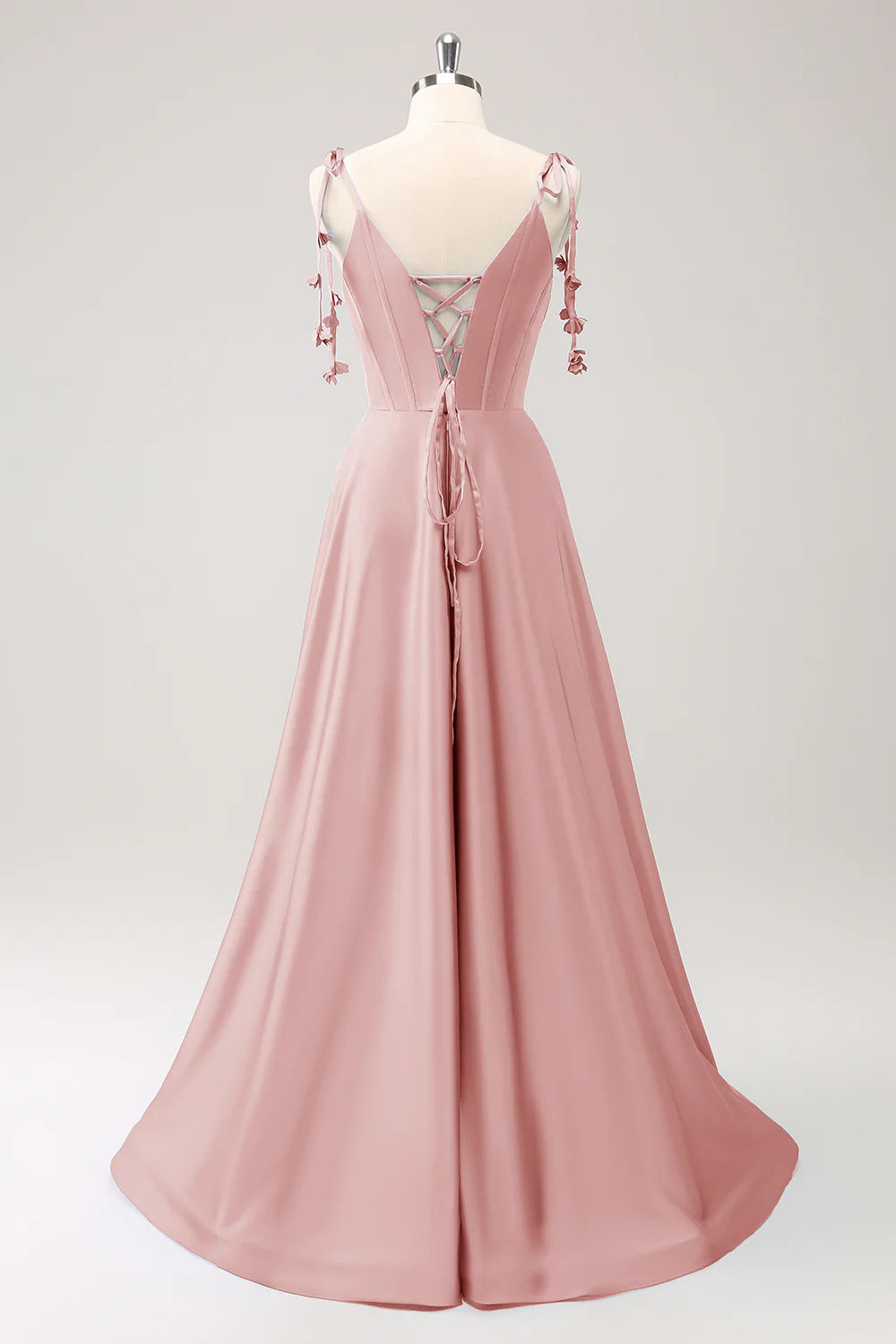 A-line thin shoulder strap tied back long bridesmaid dress with slit