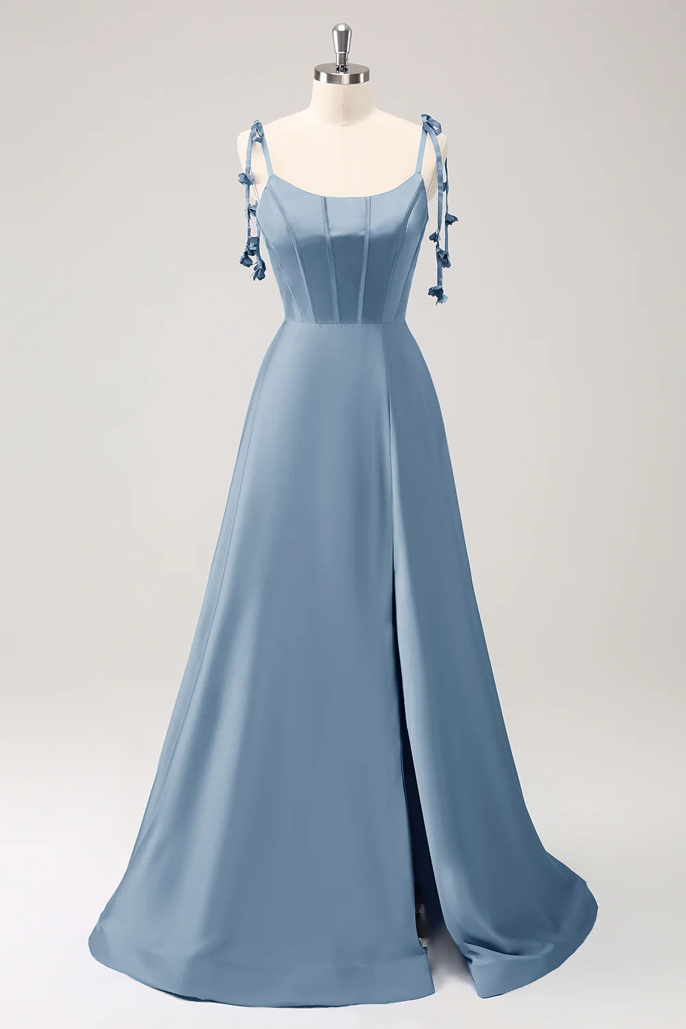 A-line thin shoulder strap tied back long bridesmaid dress with slit