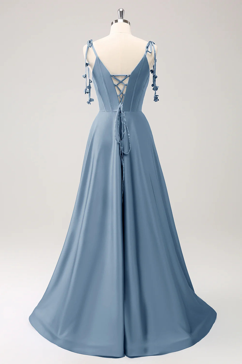 A-line thin shoulder strap tied back long bridesmaid dress with slit