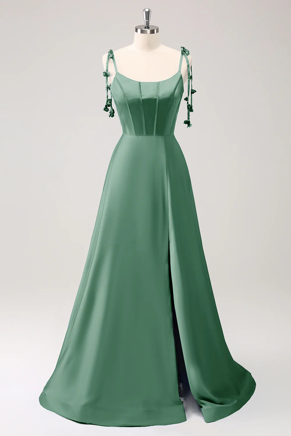 A-line thin shoulder strap tied back long bridesmaid dress with slit