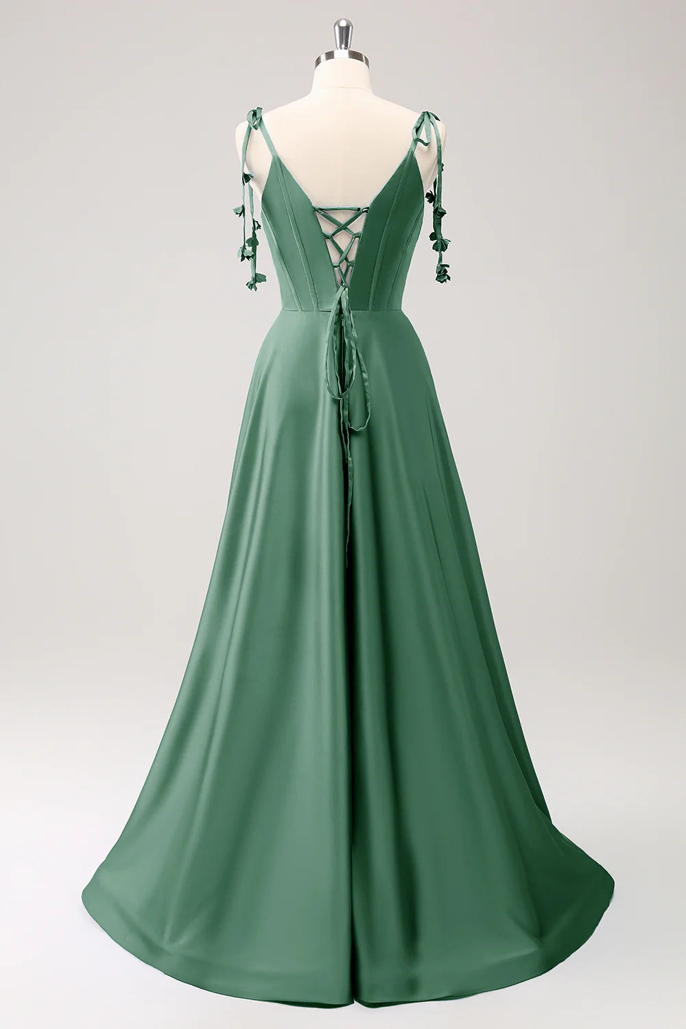 A-line thin shoulder strap tied back long bridesmaid dress with slit