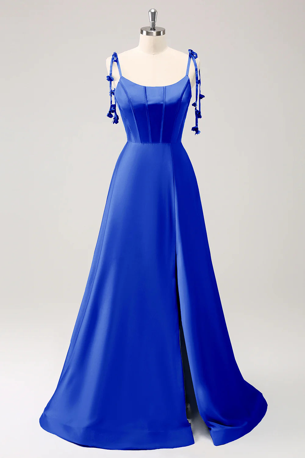 A-line thin shoulder strap tied back long bridesmaid dress with slit