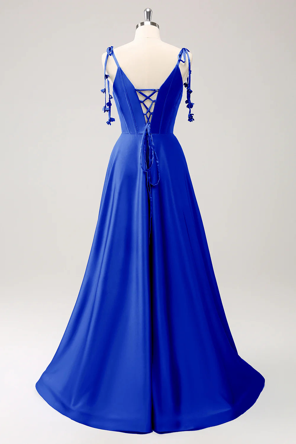A-line thin shoulder strap tied back long bridesmaid dress with slit