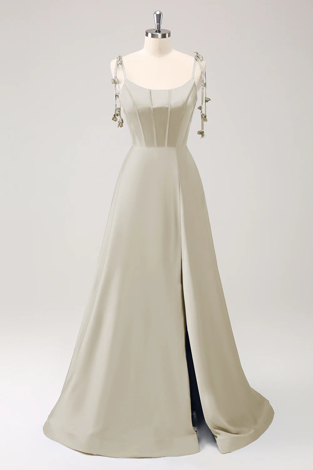 A-line thin shoulder strap tied back long bridesmaid dress with slit
