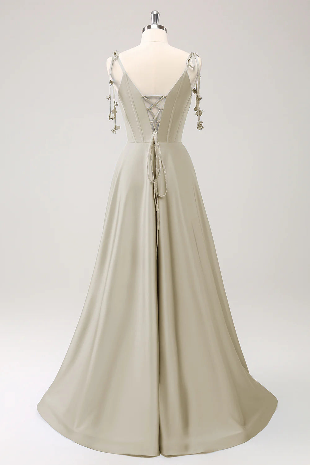 A-line thin shoulder strap tied back long bridesmaid dress with slit