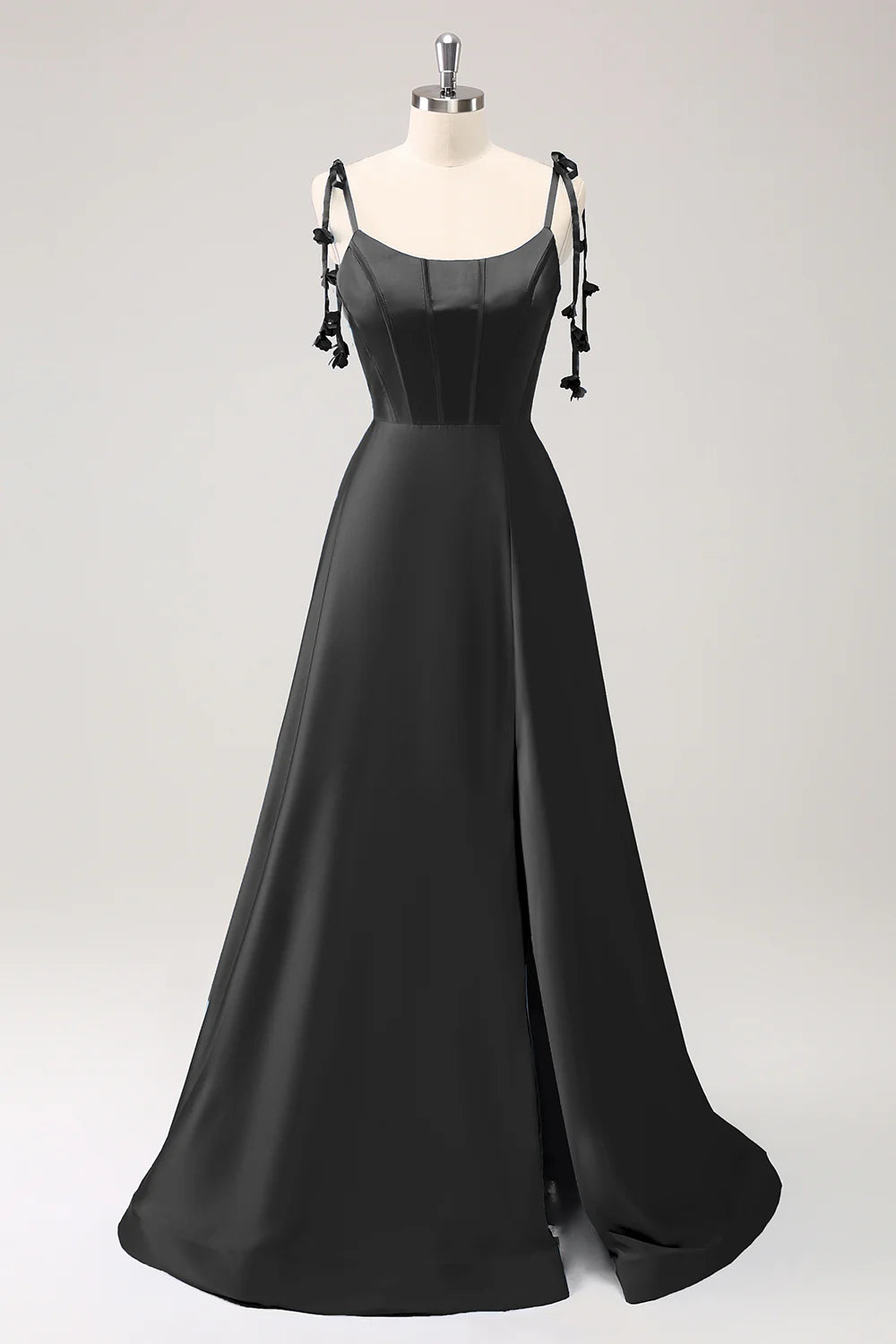 A-line thin shoulder strap tied back long bridesmaid dress with slit