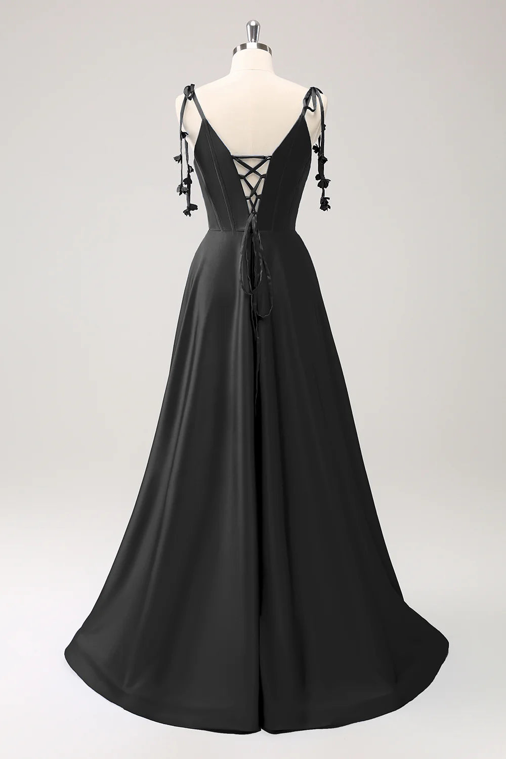 A-line thin shoulder strap tied back long bridesmaid dress with slit
