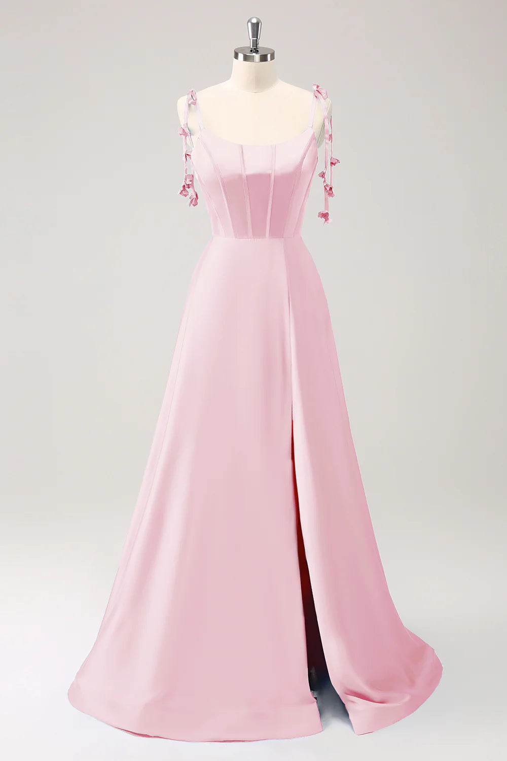 A-line thin shoulder strap tied back long bridesmaid dress with slit