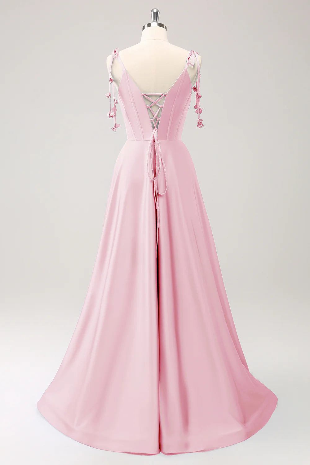 A-line thin shoulder strap tied back long bridesmaid dress with slit