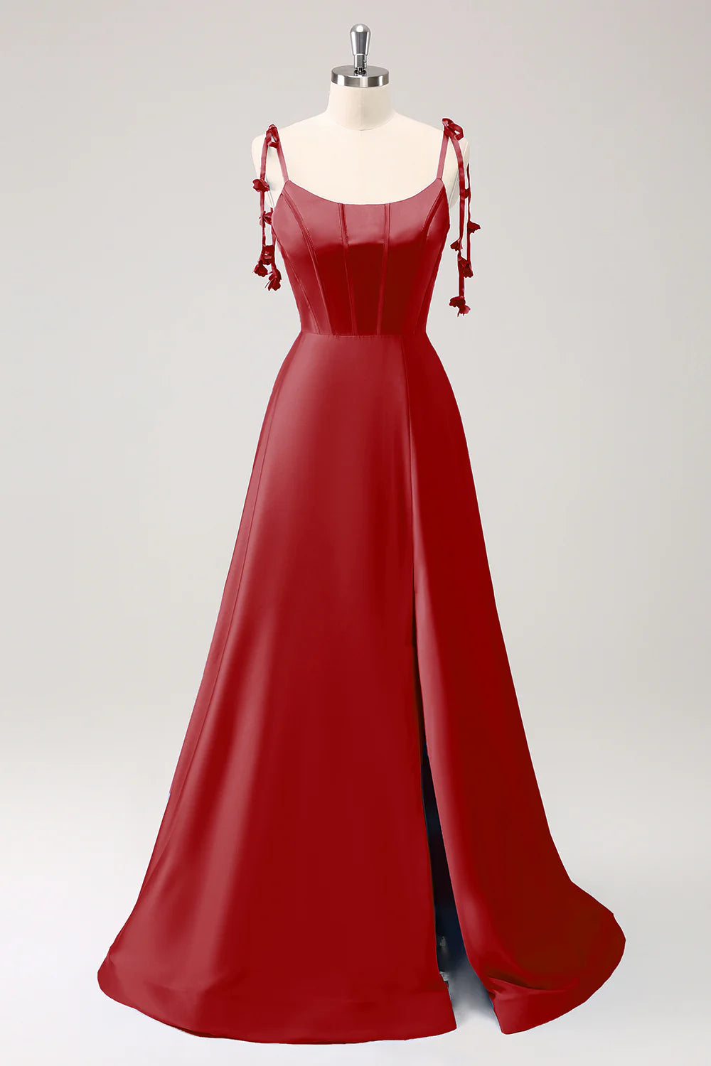 A-line thin shoulder strap tied back long bridesmaid dress with slit