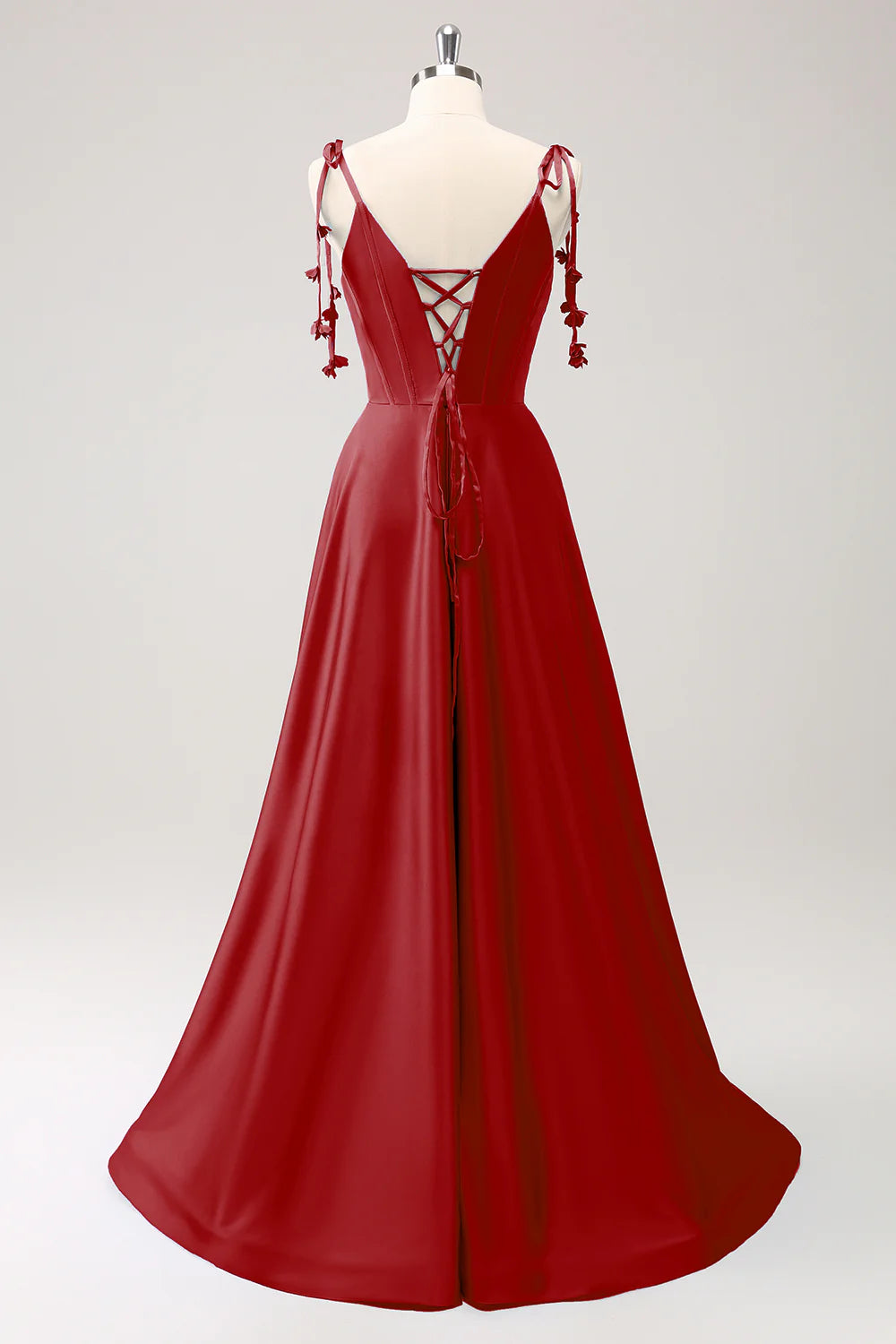 A-line thin shoulder strap tied back long bridesmaid dress with slit