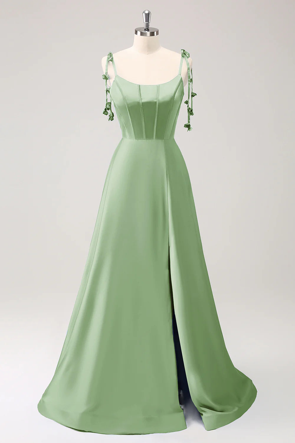 A-line thin shoulder strap tied back long bridesmaid dress with slit