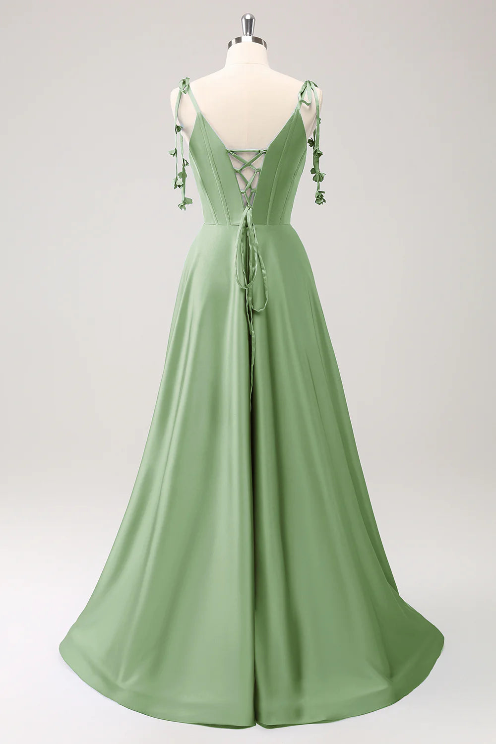 A-line thin shoulder strap tied back long bridesmaid dress with slit